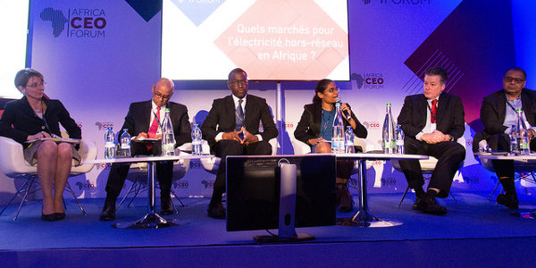 Making the case for off-grid energy. From left to right: Emmanuelle Matz, Head of Energy and Infrastructure, Proparco; Thierry Tanoh, Minister of Energy, Côte d’Ivoire; Amadou Hott, Vice President for Power, Energy, Climate and Green Growth, African Development Bank; Jasandra Nyker, Chief Executive Officer, BioTherm Energy; Tobias Becker, Senior Vice President and Head of Africa Programme, ABB and Andrew Alli, President/Chief Executive Officer, Africa Finance Corporation
