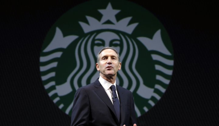 FILE - In this  Wednesday, March 20, 2013, file photo, Starbucks CEO Howard Schultz speaks at the company's annual shareholders meeting,in Seattle, Wash. Starbucks Corp. reports quarterly financial results after the market closes on Thursday, April 25, 2013. (AP Photo/Ted S. Warren)